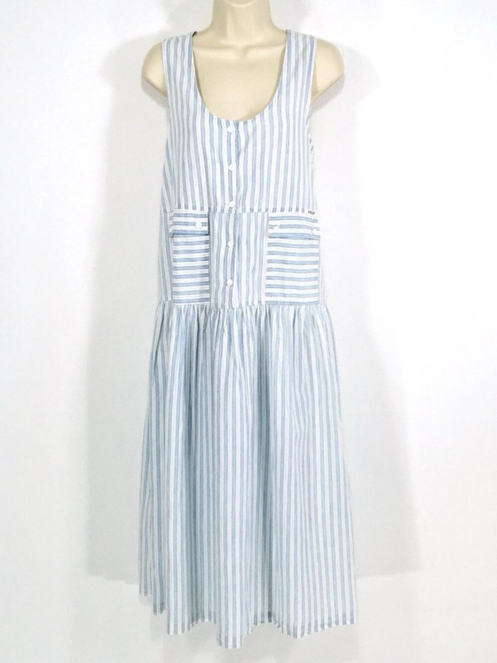 Vtg IDEAS Striped Denim Overall Jumper Sz S/M Dropped Waist Pockets Cottagecore